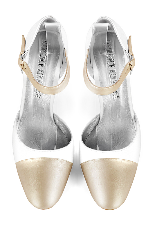 Gold and pure white women's open side shoes, with an instep strap. Round toe. Very high slim heel. Top view - Florence KOOIJMAN